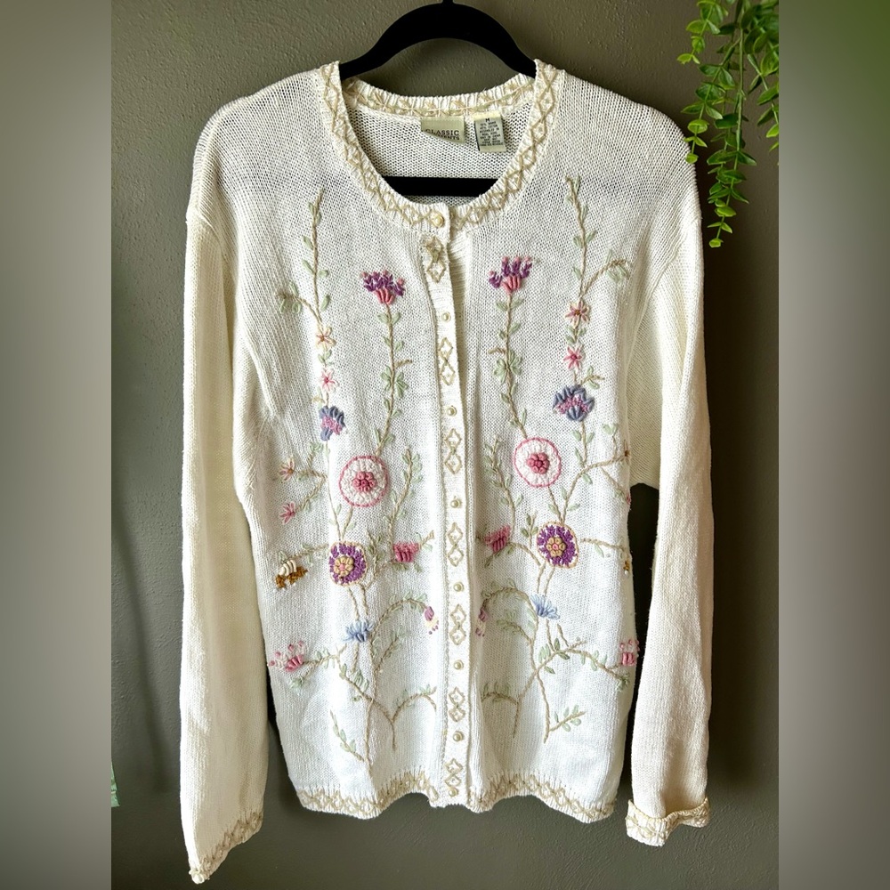 Vintage Cardigan sweater Easter Spring Floral Embroidered Small Cottage Granny